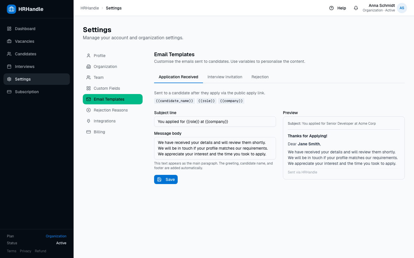 Application Received tab with subject and body fields on the left and a styled email preview on the right