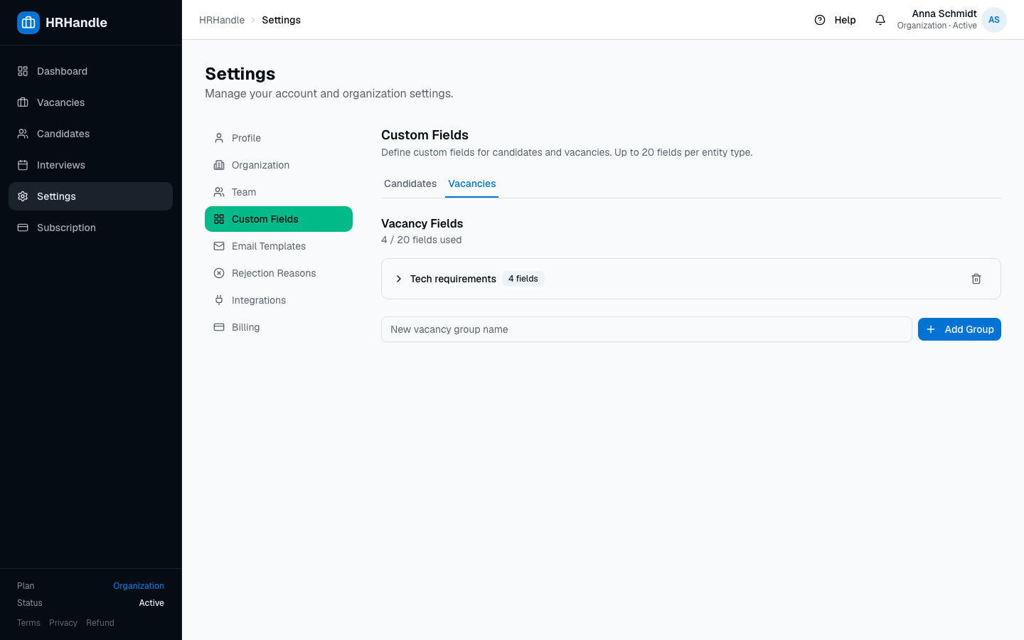The Custom Fields settings page with two panels for Vacancy and Candidate fields