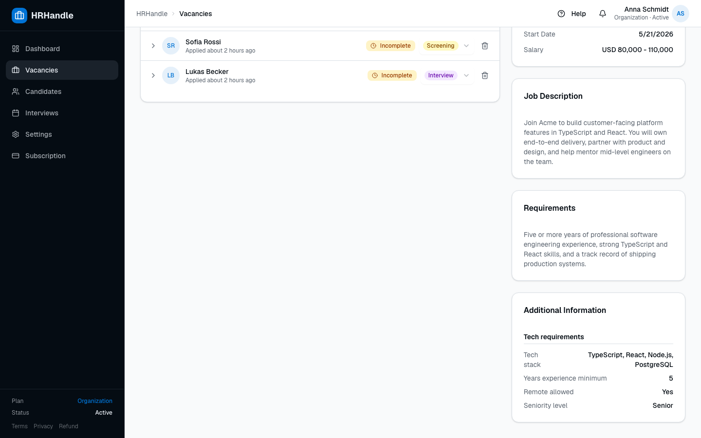 A vacancy detail page showing the Additional Information section with custom fields filled in
