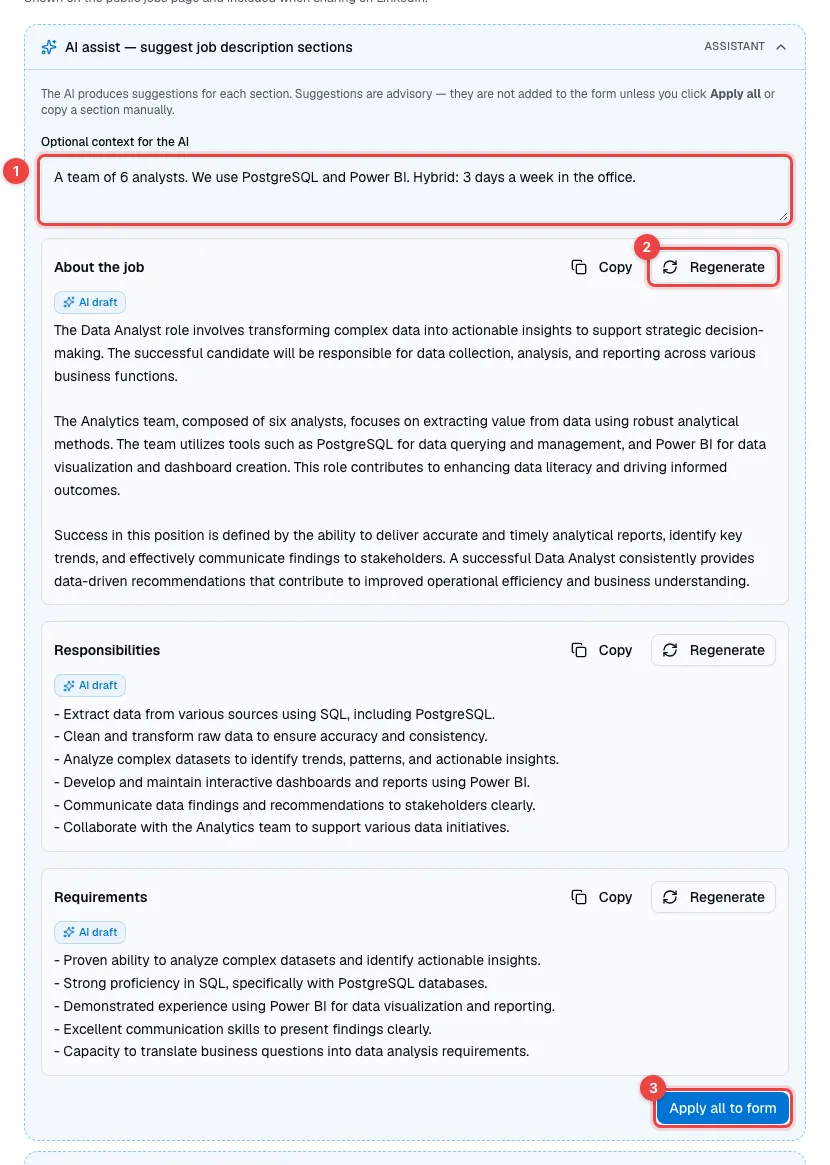 The AI assist panel with drafts for About the job, Responsibilities and Requirements