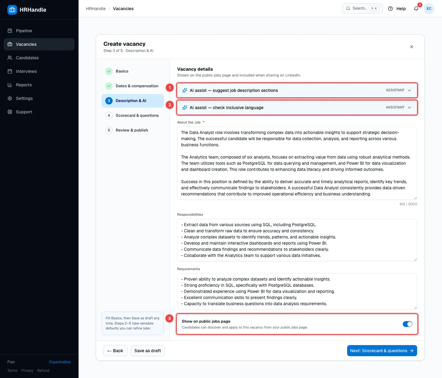 Step 3 with the description filled in, the two AI assist panels and the Show on public jobs page switch turned on