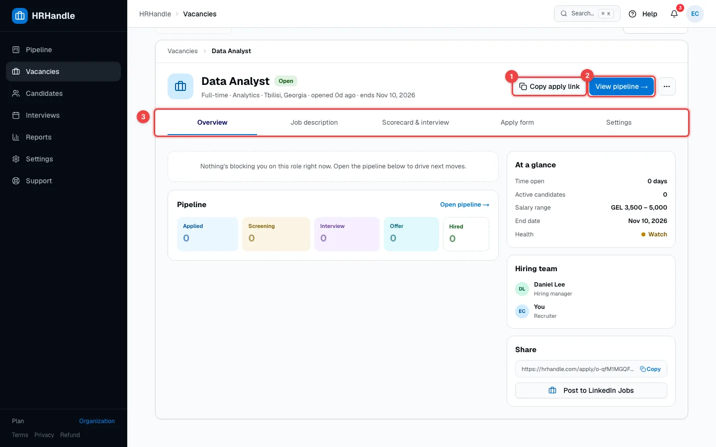 The new vacancy's page with the Copy apply link and View pipeline buttons and the tabs highlighted