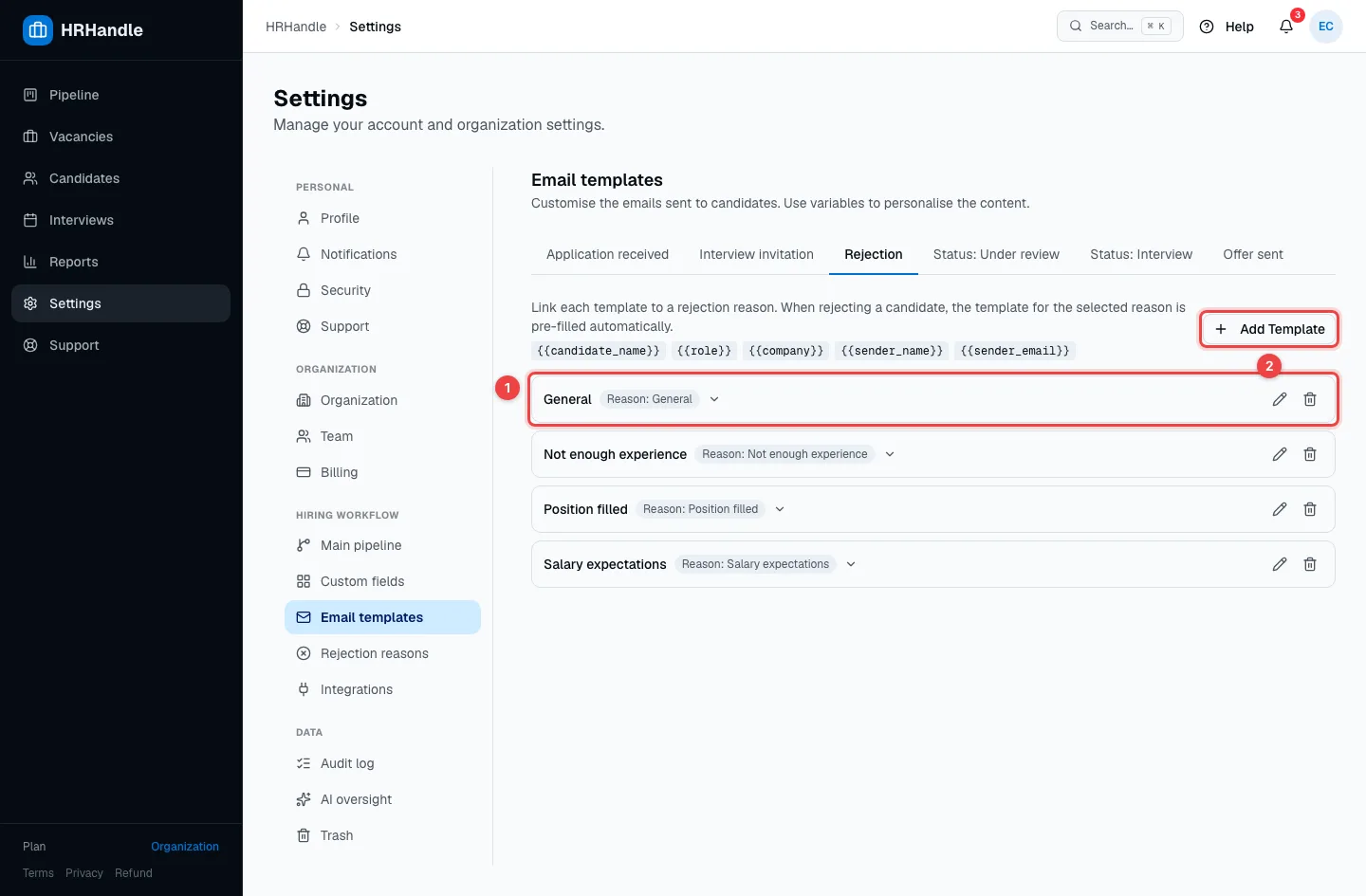The Rejection tab with one template per rejection reason and the Add Template button highlighted