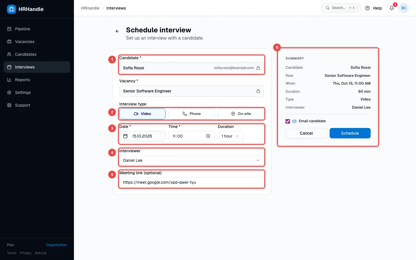 The Schedule interview form with the candidate, interview type, date and time, interviewer, meeting link and summary highlighted