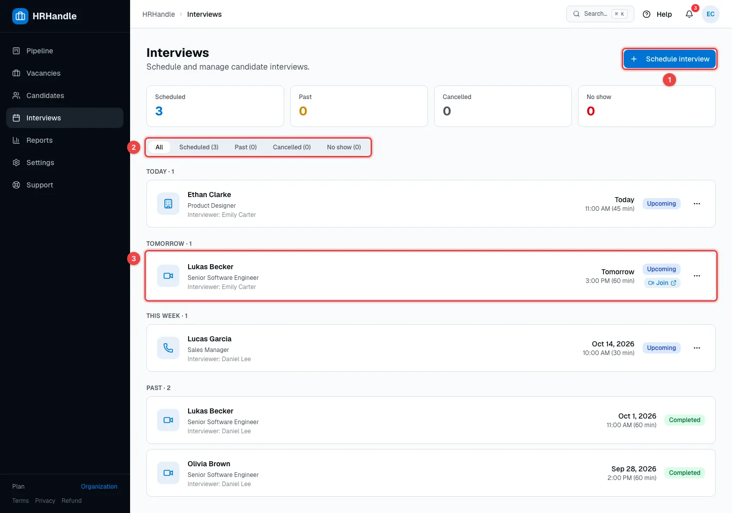 The Interviews page with the Schedule interview button, the filters and an upcoming interview highlighted