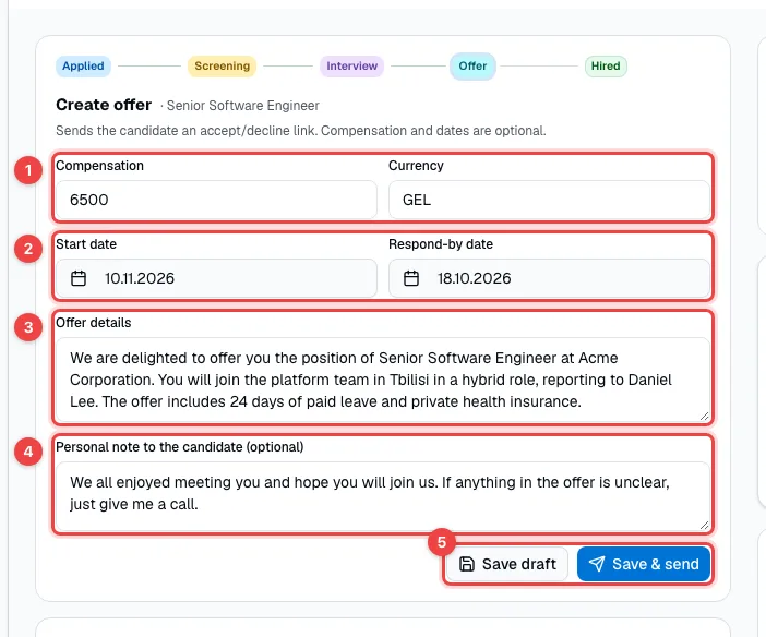 The Create offer form with compensation and currency, the dates, the offer details, the personal note and the save buttons highlighted