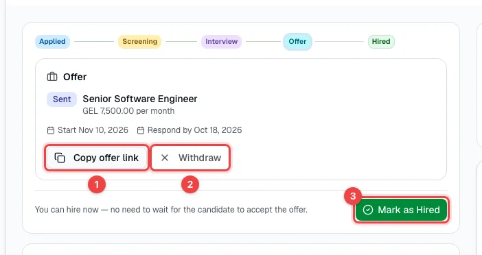 A sent offer with Copy offer link, Withdraw and Mark as Hired highlighted