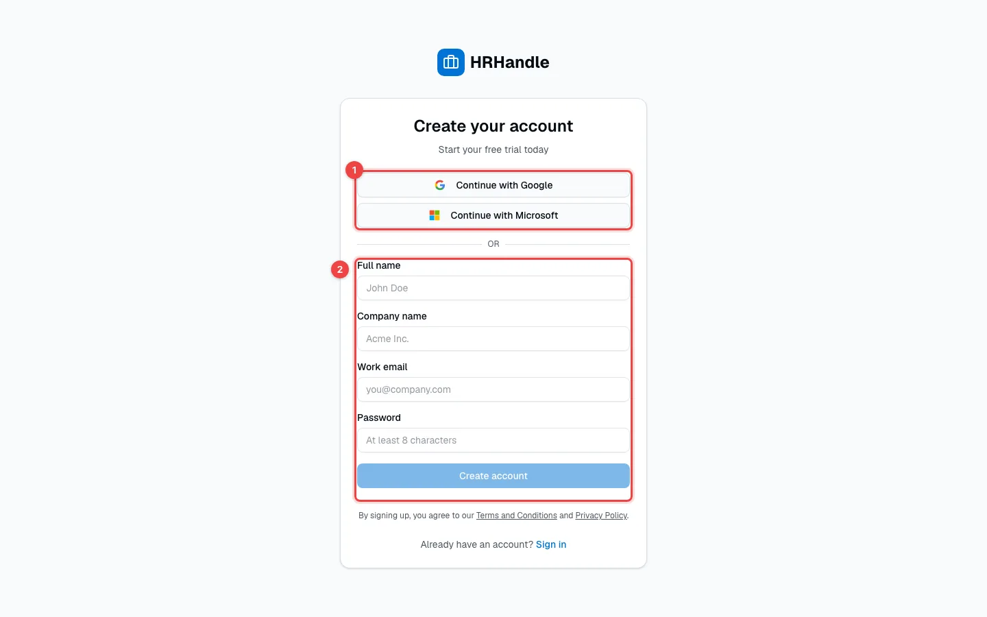 The Create your account page with the Google and Microsoft buttons and the sign-up form