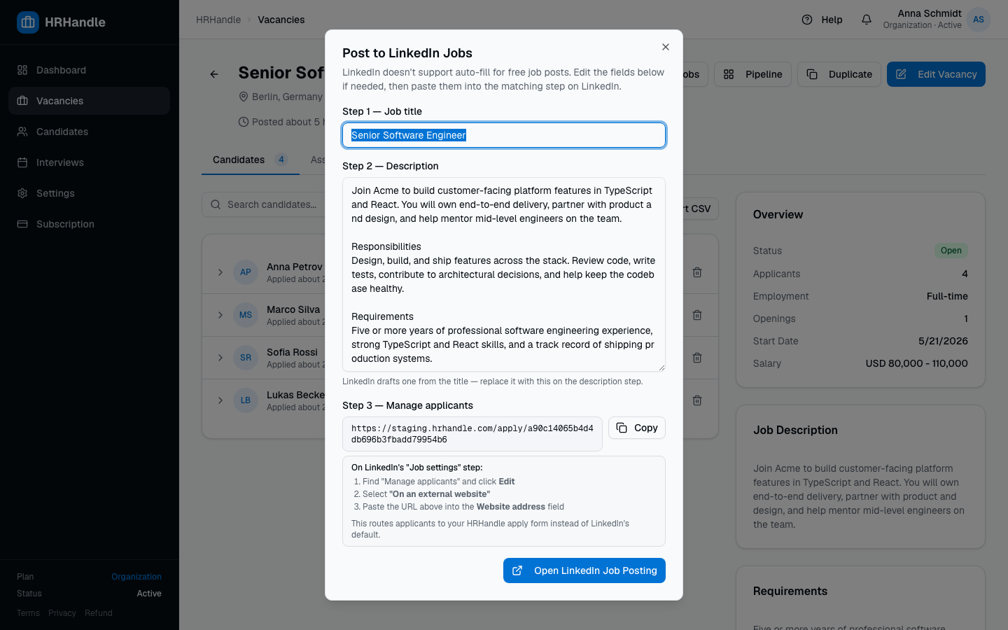 The Post to LinkedIn Jobs modal showing editable title and description, the external apply URL with copy button, and an Open LinkedIn Job Posting button
