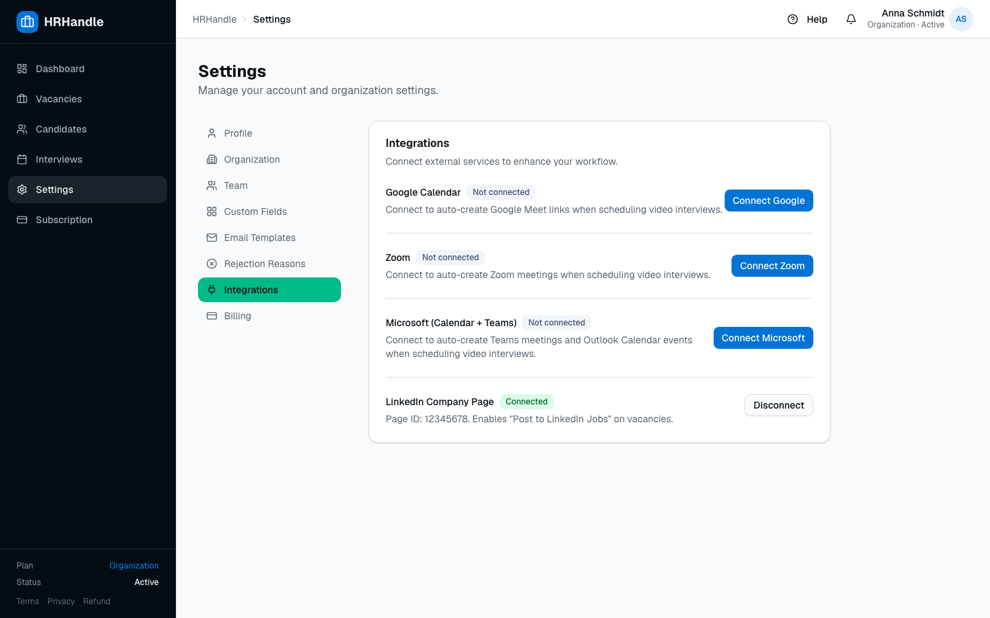 The Integrations settings page showing the LinkedIn Company Page row marked Connected