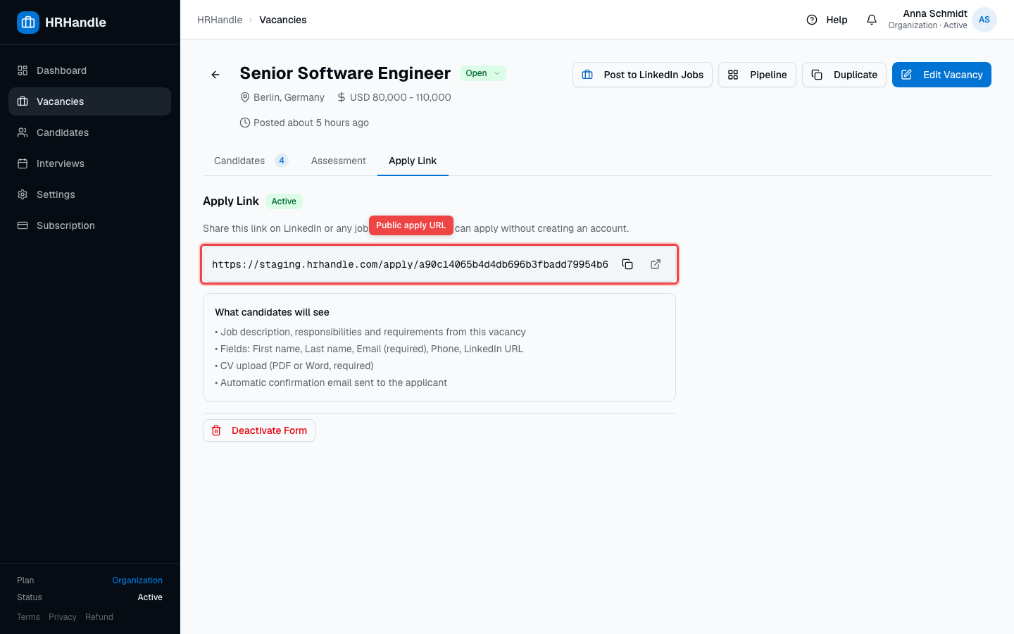 Vacancy detail page with the Apply Link tab open and the public URL highlighted