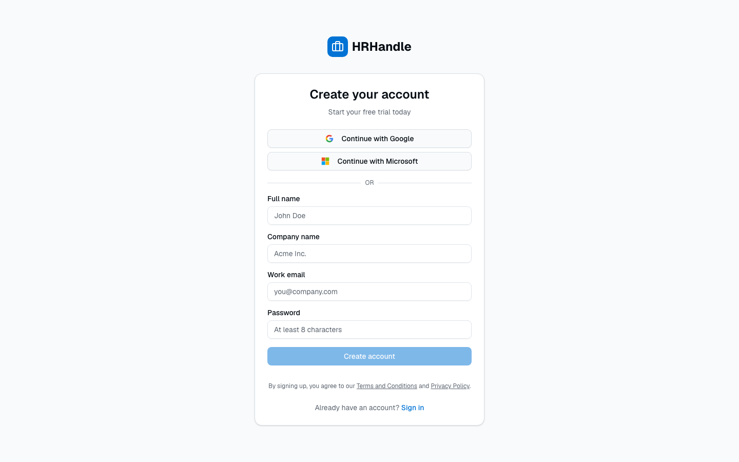 The HRHandle sign-up form with Full name, Company, Work email, and Password fields